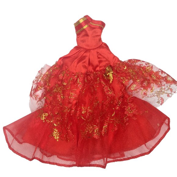 Vintage Barbie Doll Evening Ball Gown Red Gold Lace Dress Classic - Picture 2 of 9